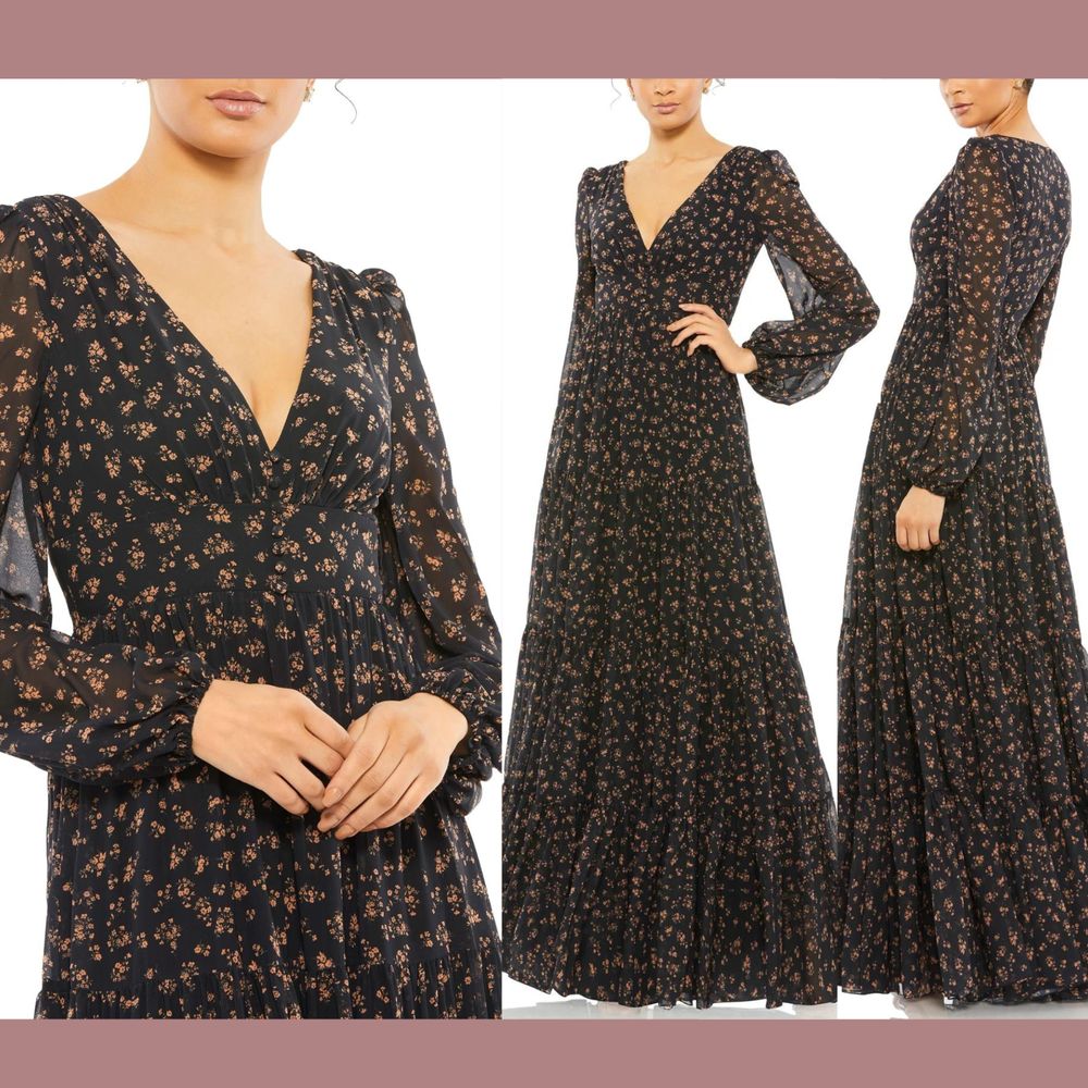 New $398 Ieena Mac Duggal [ 10 ] Floral Tiered Long Sleeve Maxi Gown Dress S1015